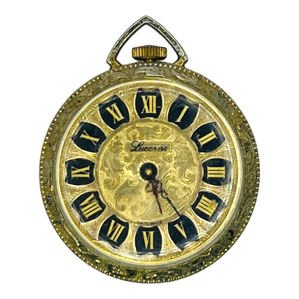 Vintage Lucerne Gold Tone Roman Numeral Pendant Pocket Watch Swiss Made Wind Up